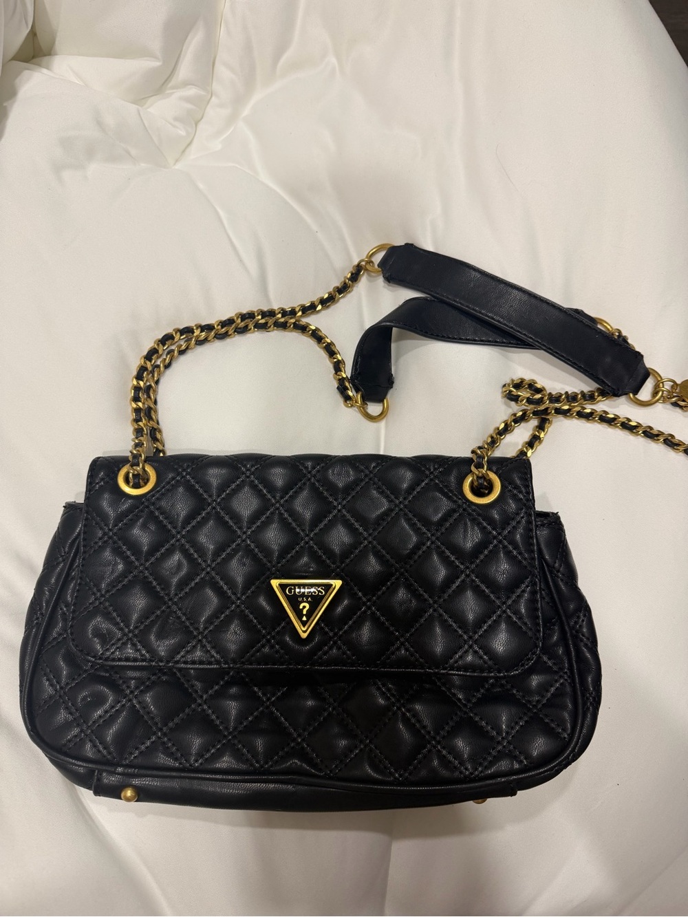 GUESS Black Quilted Flap Shoulder Bag with Gold Chain
